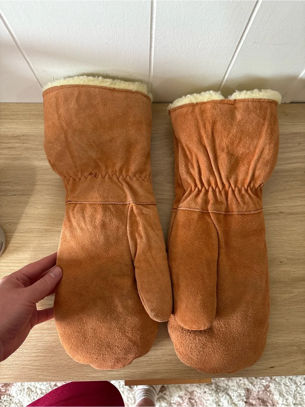 Vintage Orange Suede Shearling-Lined Mittens